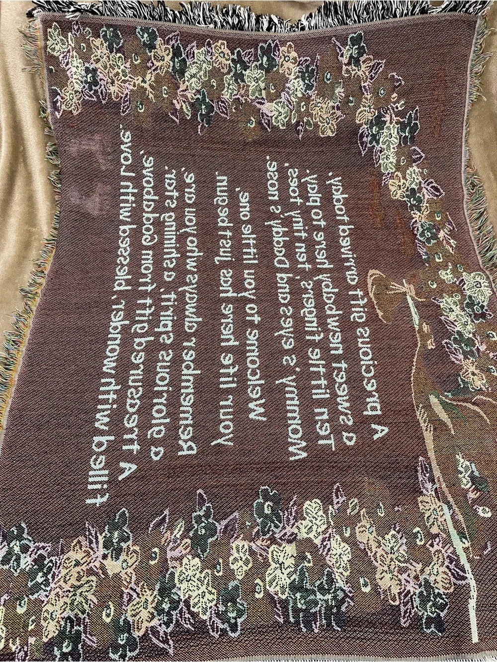 Precious Gift, New Baby W/Footprints 38” X 51” VTG Tapestry Throw